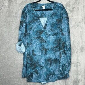Ava & Viv 4X Shirt Top Blue Black Abstract Tab Long Sleeve V Neck Tunic High Low